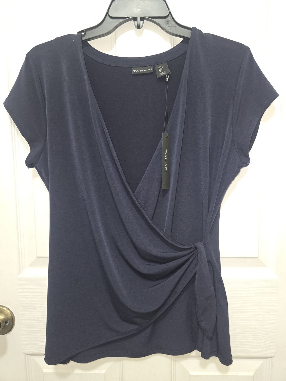 NWT Sz. Large Tahari Navy Faux-Wrap Short Sleeve Blouse